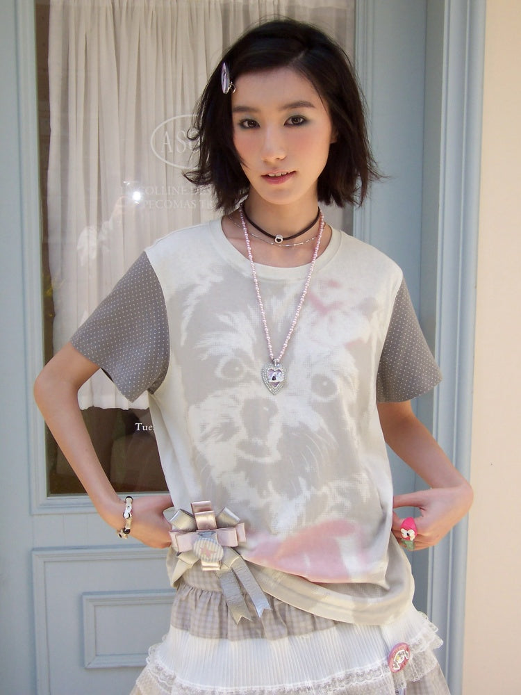 Polka Dot Sleeve Spliced Puppy Print T-Shirt【s0000016739】