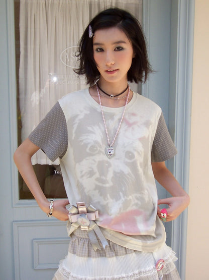 Polka Dot Sleeve Spliced Puppy Print T-Shirt【s0000016739】