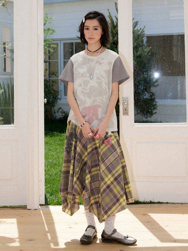 Polka Dot Sleeve Spliced Puppy Print T-Shirt【s0000016739】