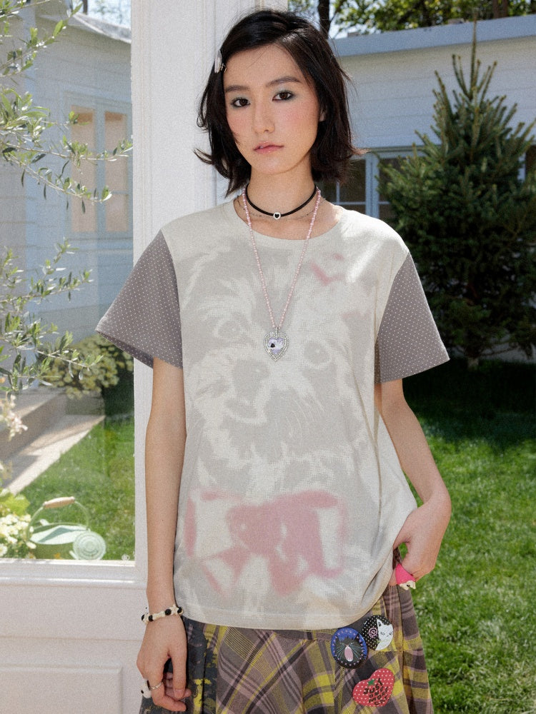Polka Dot Sleeve Spliced Puppy Print T-Shirt【s0000016739】