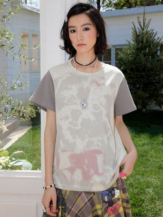 Polka Dot Sleeve Spliced Puppy Print T-Shirt【s0000016739】