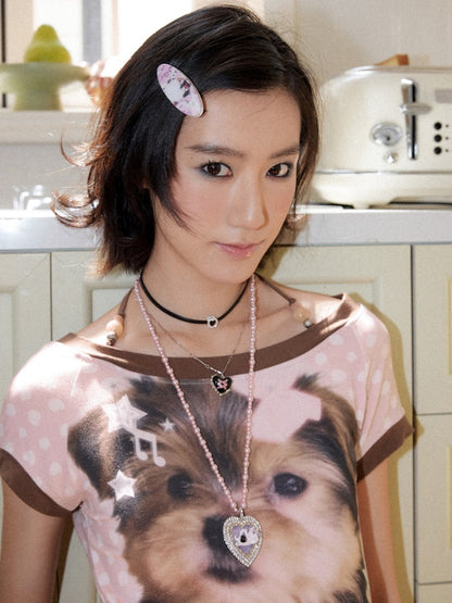 Puppy Polka Dot Contrast Crew Neck Short T-Shirt【s0000016741】