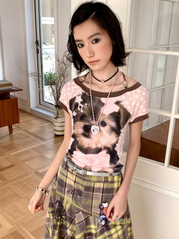 Puppy Polka Dot Contrast Crew Neck Short T-Shirt【s0000016741】