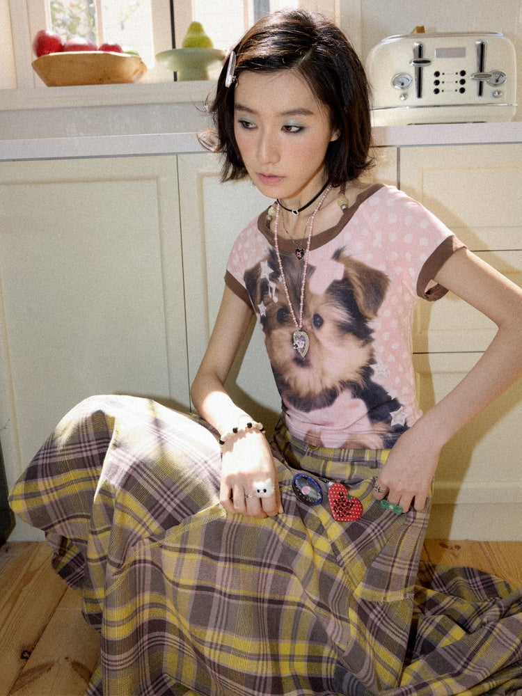 Puppy Polka Dot Contrast Crew Neck Short T-Shirt【s0000016741】