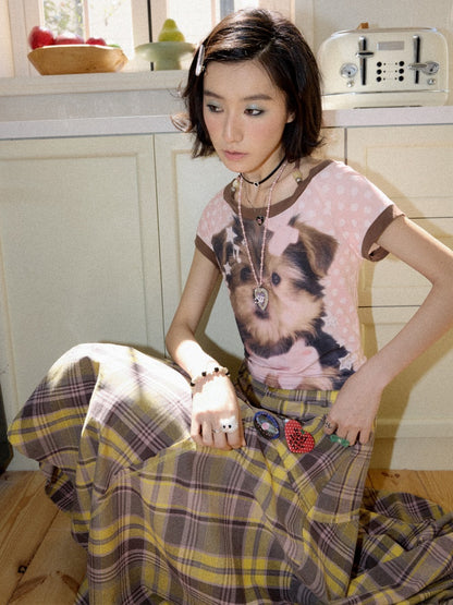 Puppy Polka Dot Contrast Crew Neck Short T-Shirt【s0000016741】