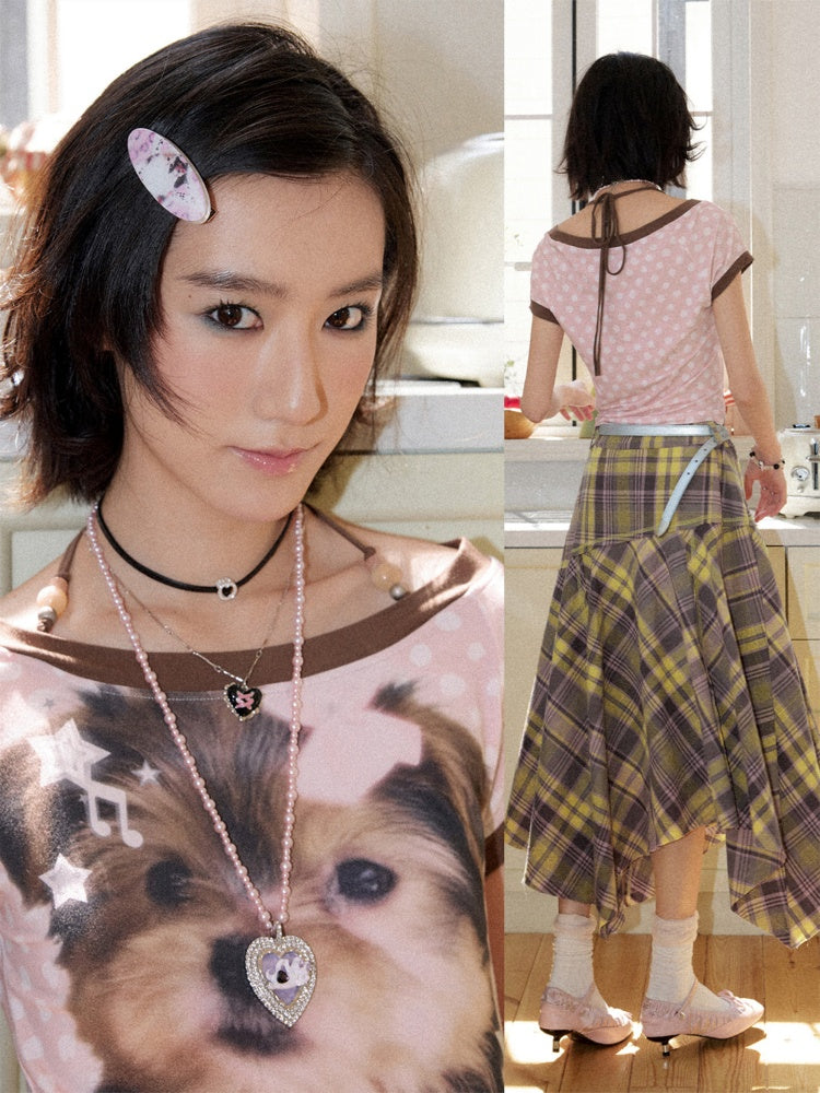 Puppy Polka Dot Contrast Crew Neck Short T-Shirt【s0000016741】