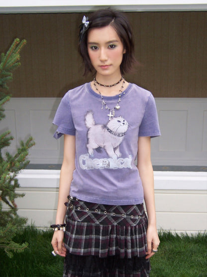 Kitten Walk Pet Series Distressed Washed Ripped Edge T-Shirt【s0000016743】