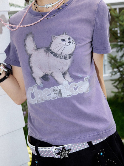 Kitten Walk Pet Series Distressed Washed Ripped Edge T-Shirt【s0000016743】