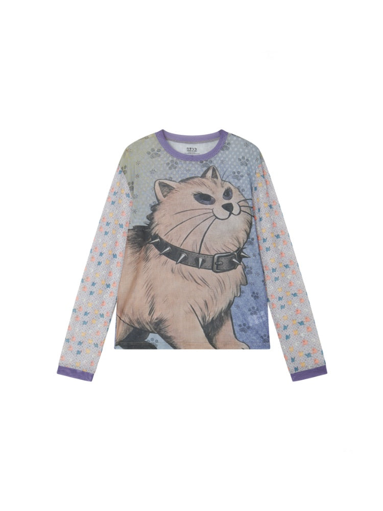 Ruled By Meow Pet Series Contrasting Printed Mesh Skin Tops【s0000016744】
