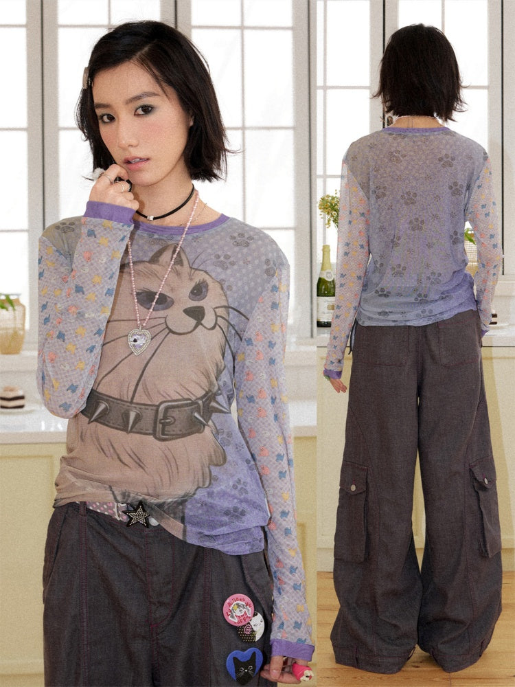 Ruled By Meow Pet Series Contrasting Printed Mesh Skin Tops【s0000016744】