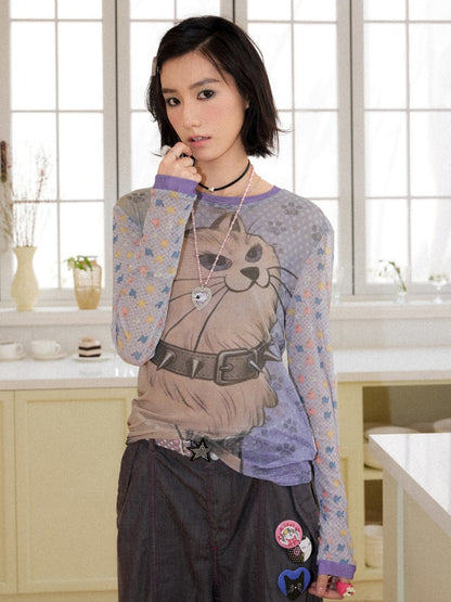Ruled By Meow Pet Series Contrasting Printed Mesh Skin Tops【s0000016744】