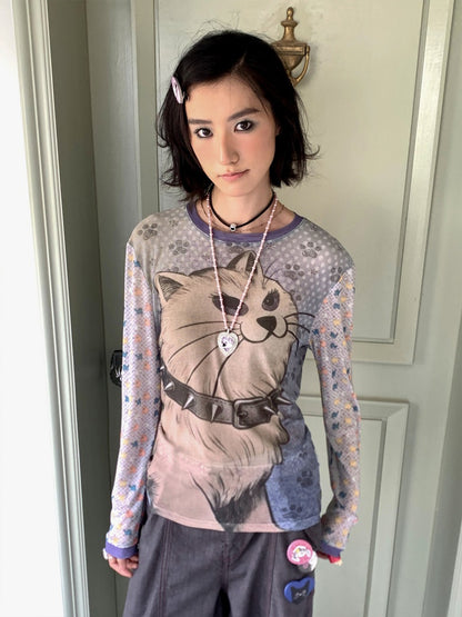 Ruled By Meow Pet Series Contrasting Printed Mesh Skin Tops【s0000016744】
