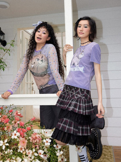 Ruled By Meow Pet Series Contrasting Printed Mesh Skin Tops【s0000016744】