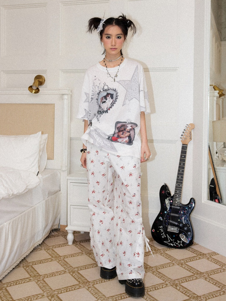 Soft Heart Moment Pet Star Print Loose Casual T-Shirt【s0000016745】