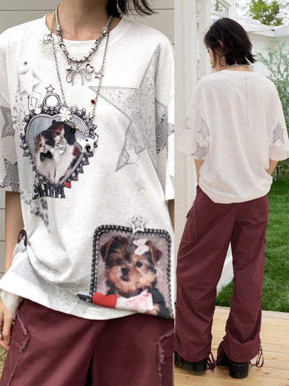 Soft Heart Moment Pet Star Print Loose Casual T-Shirt【s0000016745】