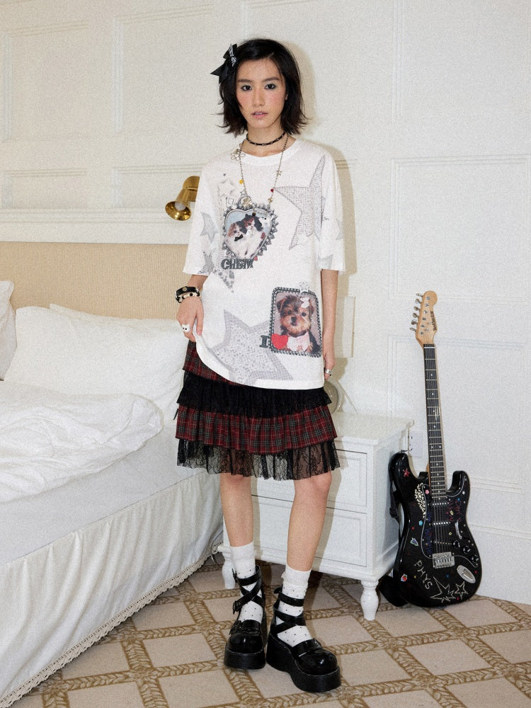Soft Heart Moment Pet Star Print Loose Casual T-Shirt【s0000016745】