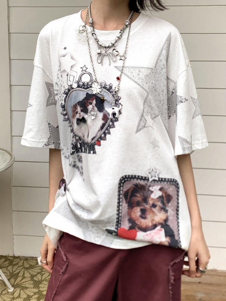 Soft Heart Moment Pet Star Print Loose Casual T-Shirt【s0000016745】