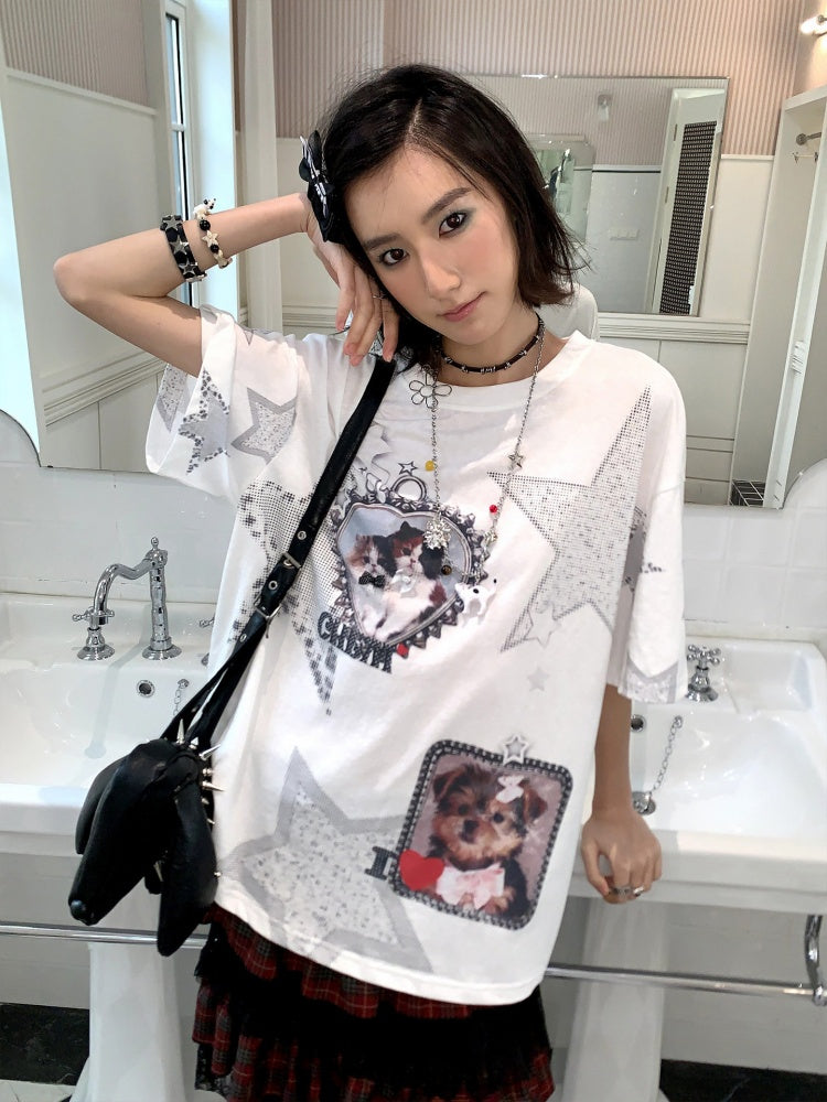 Soft Heart Moment Pet Star Print Loose Casual T-Shirt【s0000016745】