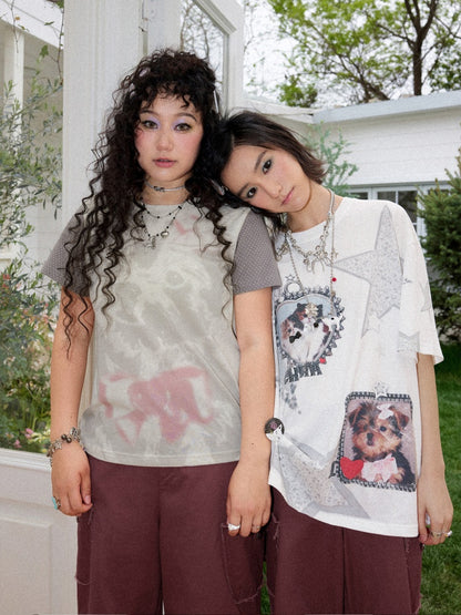 Soft Heart Moment Pet Star Print Loose Casual T-Shirt【s0000016745】