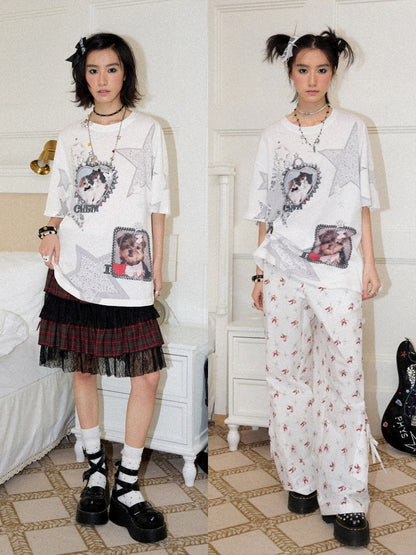 Soft Heart Moment Pet Star Print Loose Casual T-Shirt【s0000016745】