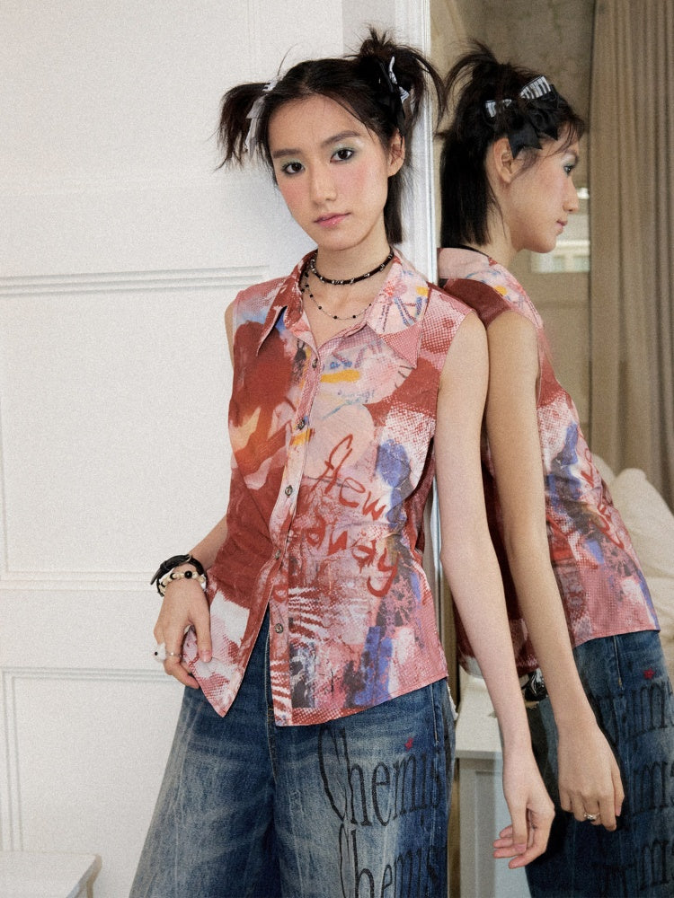 Full Print Slightly Translucent Sleeveless Shirt【s0000016749】