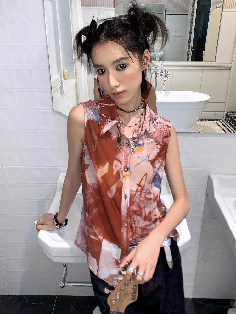 Full Print Slightly Translucent Sleeveless Shirt【s0000016749】