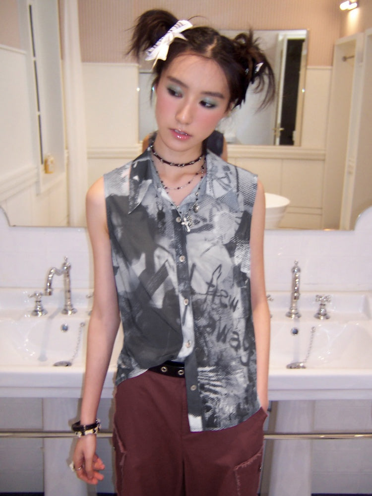 Full Print Slightly Translucent Sleeveless Shirt【s0000016749】