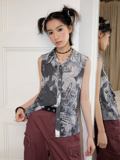 Full Print Slightly Translucent Sleeveless Shirt【s0000016749】