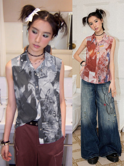 Full Print Slightly Translucent Sleeveless Shirt【s0000016749】