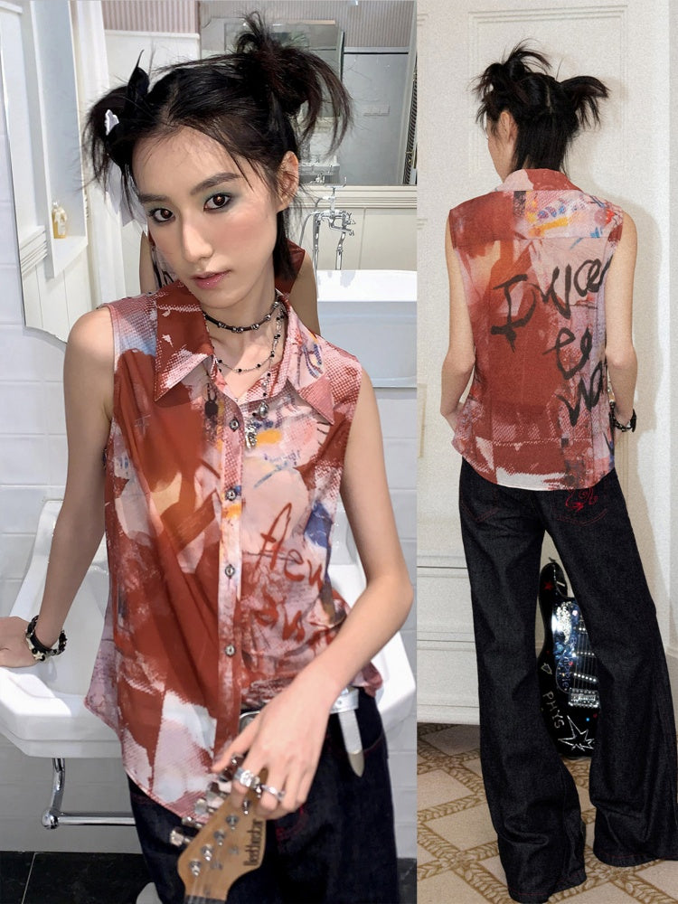 Full Print Slightly Translucent Sleeveless Shirt【s0000016749】