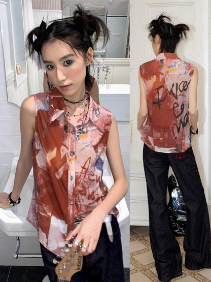 Full Print Slightly Translucent Sleeveless Shirt【s0000016749】