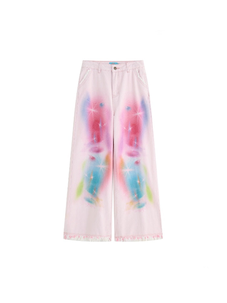 Secret Of The Universe Printed Raw Edge Wide-Leg Denim Pants【s0000016754】