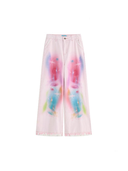 Secret Of The Universe Printed Raw Edge Wide-Leg Denim Pants【s0000016754】