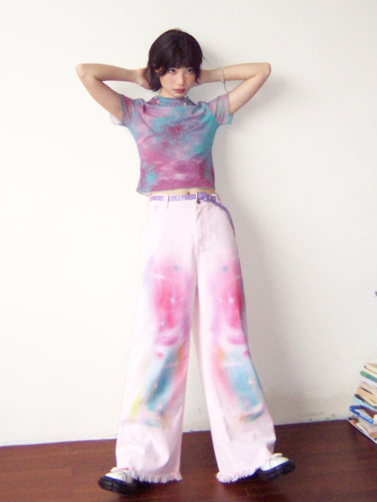 Secret Of The Universe Printed Raw Edge Wide-Leg Denim Pants【s0000016754】