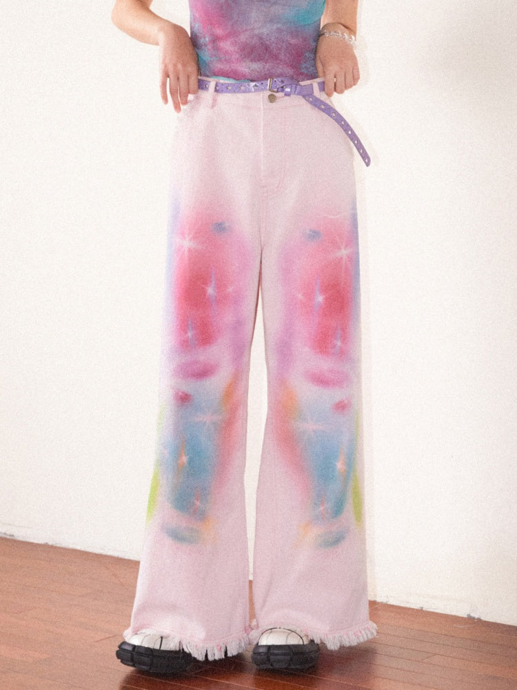 Secret Of The Universe Printed Raw Edge Wide-Leg Denim Pants【s0000016754】