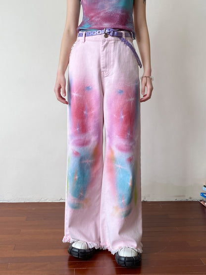 Secret Of The Universe Printed Raw Edge Wide-Leg Denim Pants【s0000016754】