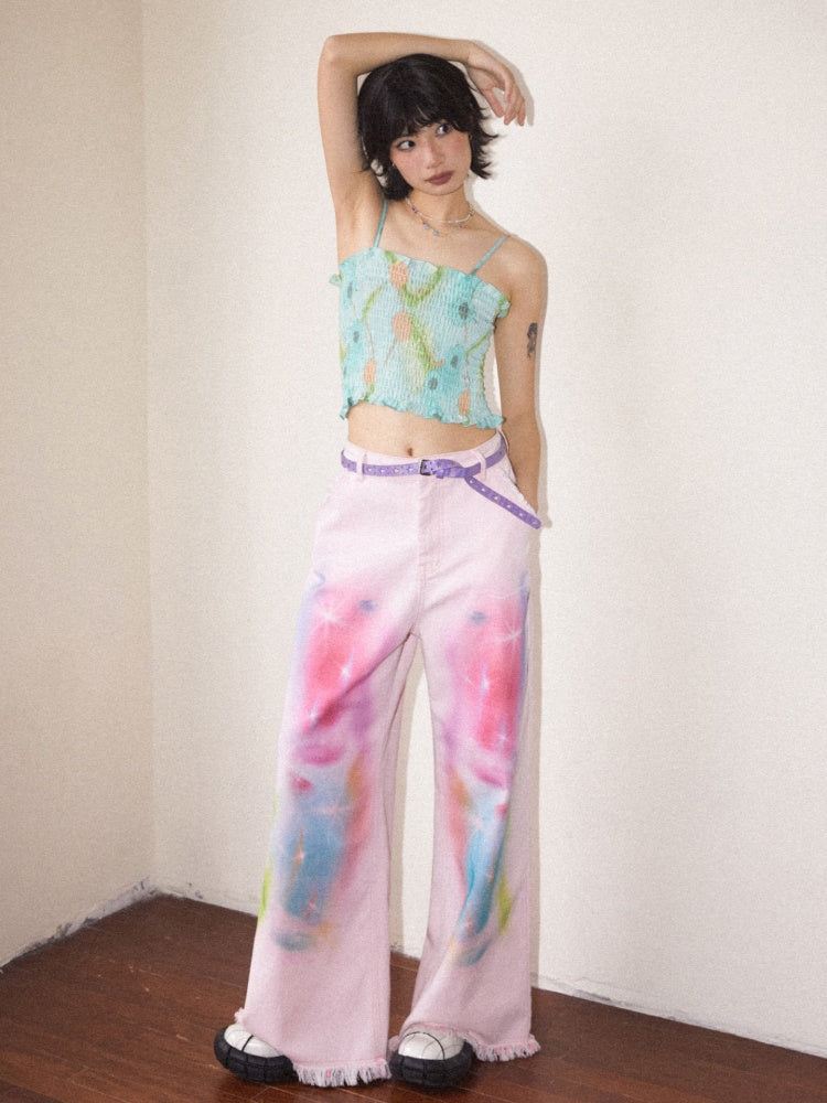 Secret Of The Universe Printed Raw Edge Wide-Leg Denim Pants【s0000016754】