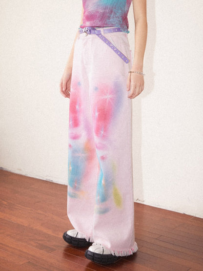 Secret Of The Universe Printed Raw Edge Wide-Leg Denim Pants【s0000016754】