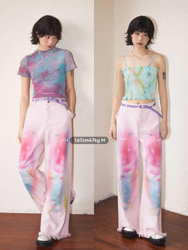 Secret Of The Universe Printed Raw Edge Wide-Leg Denim Pants【s0000016754】