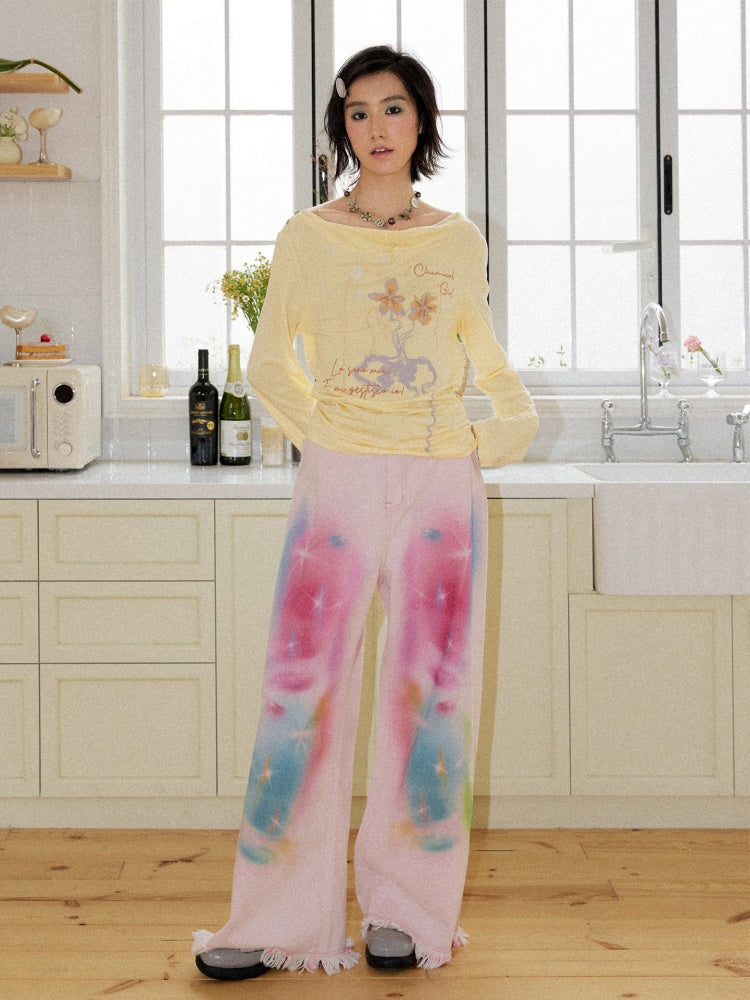 Secret Of The Universe Printed Raw Edge Wide-Leg Denim Pants【s0000016754】