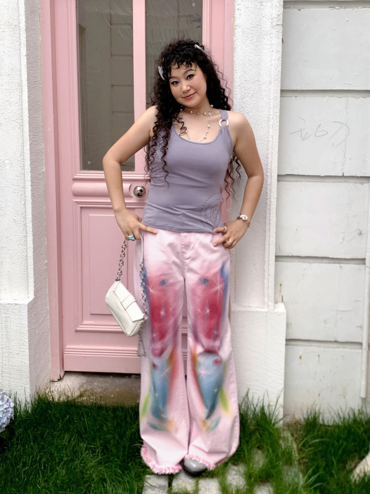 Secret Of The Universe Printed Raw Edge Wide-Leg Denim Pants【s0000016754】