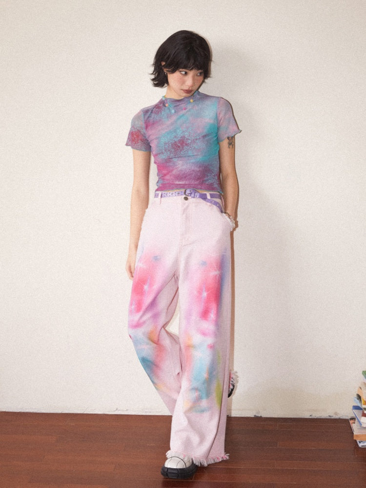 Secret Of The Universe Printed Raw Edge Wide-Leg Denim Pants【s0000016754】