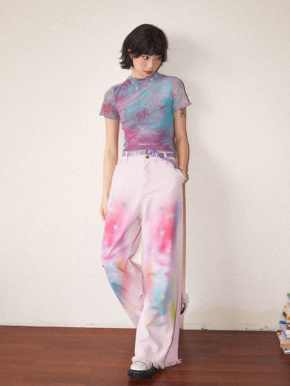 Secret Of The Universe Printed Raw Edge Wide-Leg Denim Pants【s0000016754】