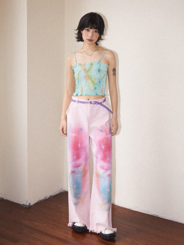 Secret Of The Universe Printed Raw Edge Wide-Leg Denim Pants【s0000016754】