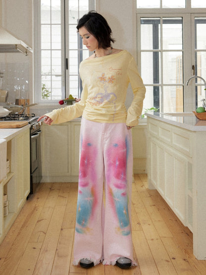 Secret Of The Universe Printed Raw Edge Wide-Leg Denim Pants【s0000016754】