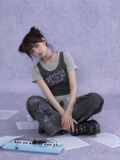 Y2K Faux Layered Striped Short Sleeve T-Shirt【s0000016755】