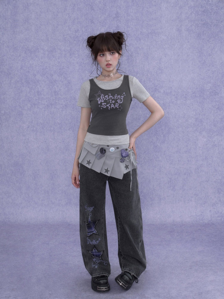Y2K Faux Layered Striped Short Sleeve T-Shirt【s0000016755】