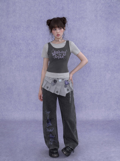 Y2K Faux Layered Striped Short Sleeve T-Shirt【s0000016755】
