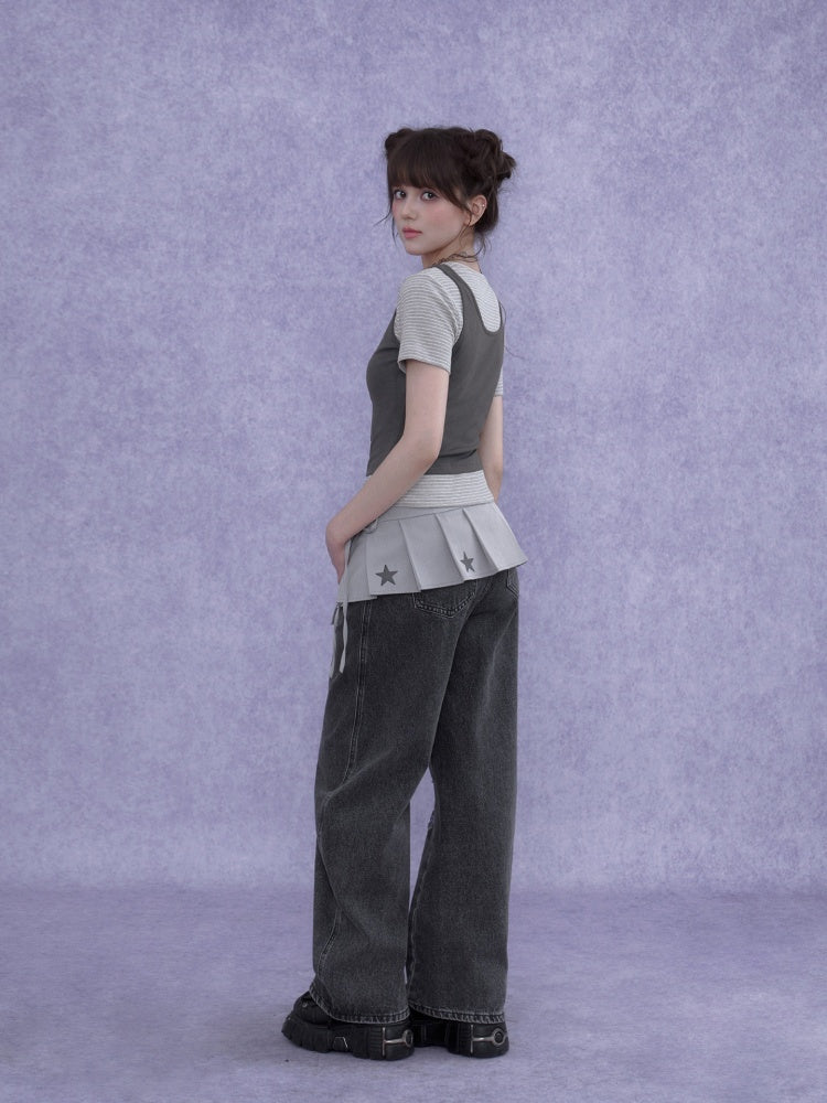 Y2K Faux Layered Striped Short Sleeve T-Shirt【s0000016755】