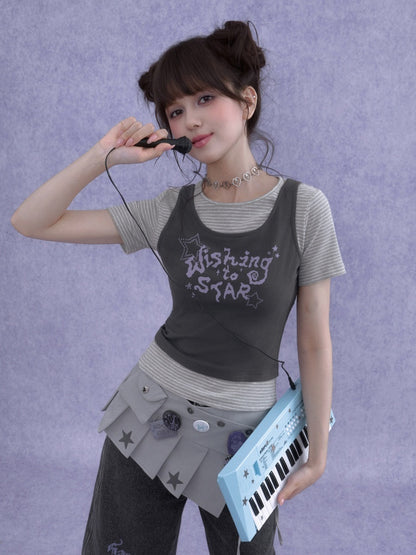 Y2K Faux Layered Striped Short Sleeve T-Shirt【s0000016755】